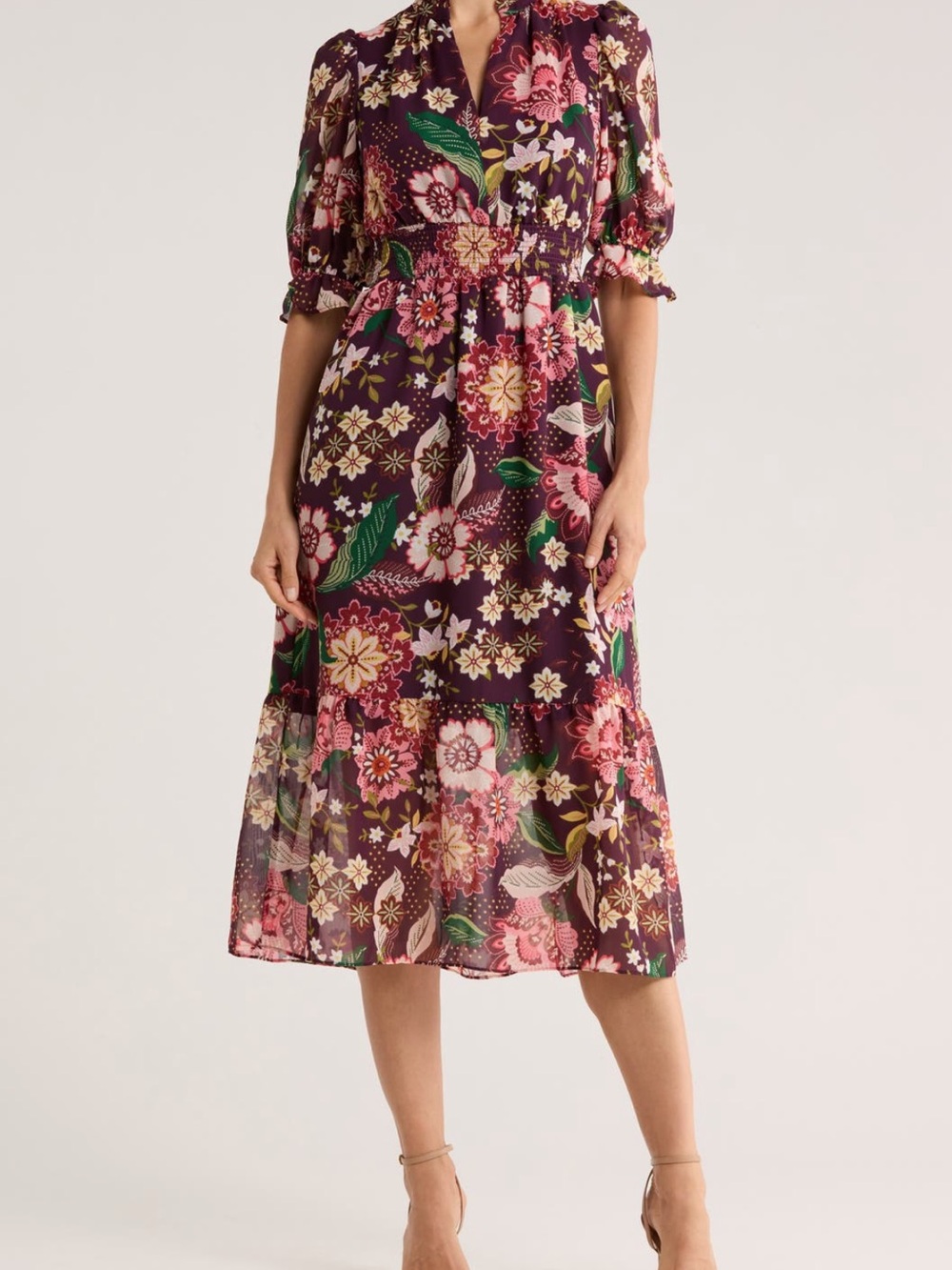 Eliza J Burgundy Floral Maxi Dress with Pink and Green Accents